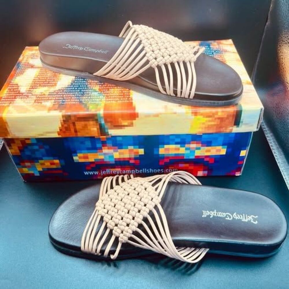 Jeffrey Campbell Woven Leather Plait Slides Beige and Black Sandals Size 9 NIB